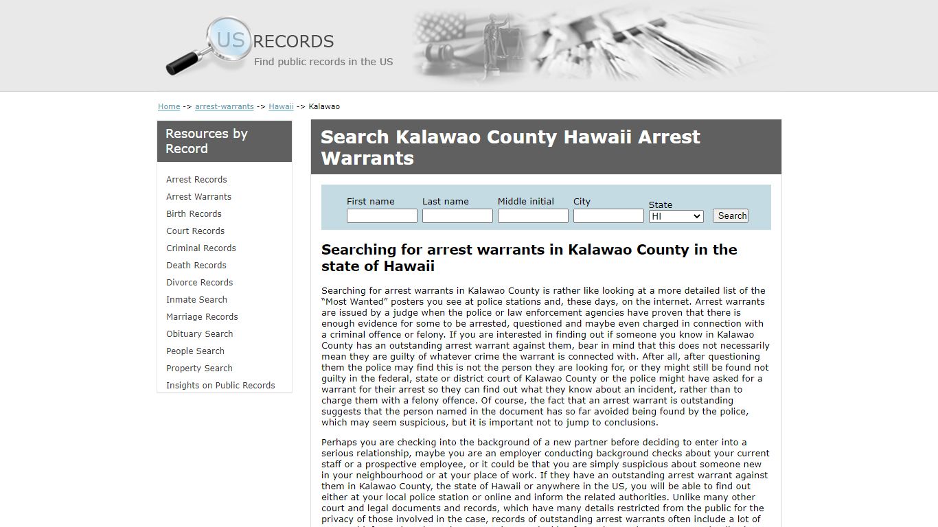 Search Arrest Warrants Kalawao Hawaii | US Records